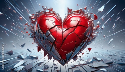 cracked red heart emerging from a shattered silver surface representing love passion and emotional intensity in striking artistic visuals