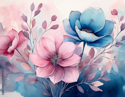 delicate pink and blue abstract flowers create a serene and artistic watercolor painting adding a touch of elegance and natural beauty to any design