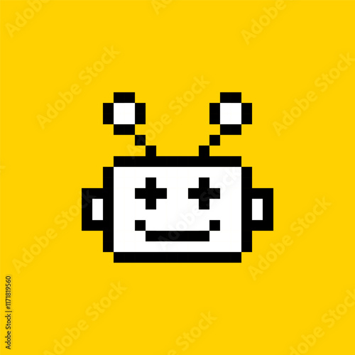 Cute bot pixel art icon. Chatbot 8 bit emoji. Naive childish design. Vintage retro sticker. Editable pixel vector illustration. Cute badge. Game abstract element. Y2k geometric shape for collage