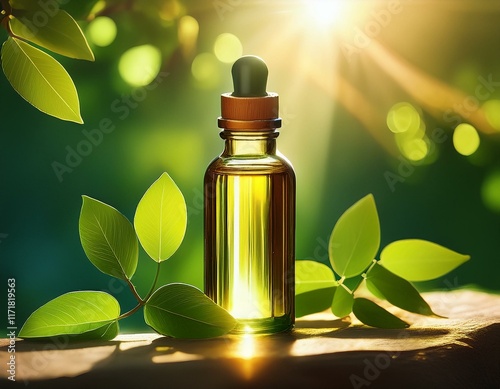 vibrant green leaves reflecting sunlight above a glass essential oil bottle generative ai