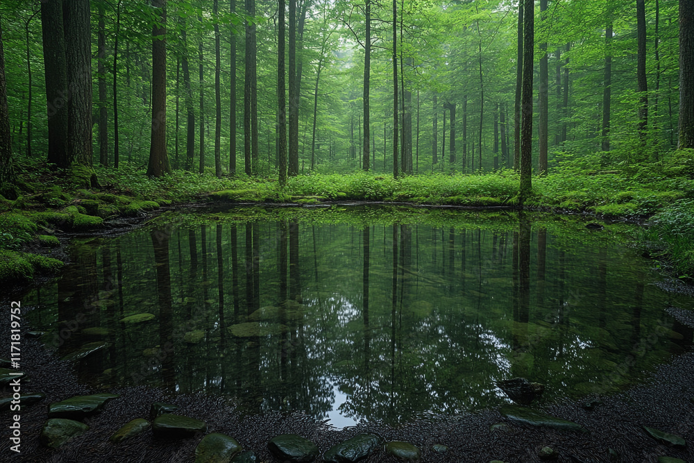 Obraz premium Serene Forest Pond Reflecting Lush Green Trees