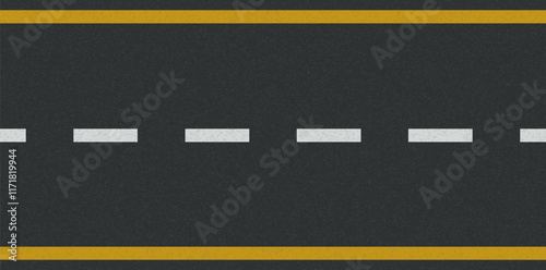 White and yellow line on tarmac road top view. Drive road texture pattern. Background of asphalt surface. Roadway vector illustration