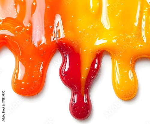 Dripping liquid orange and red on a white background photo