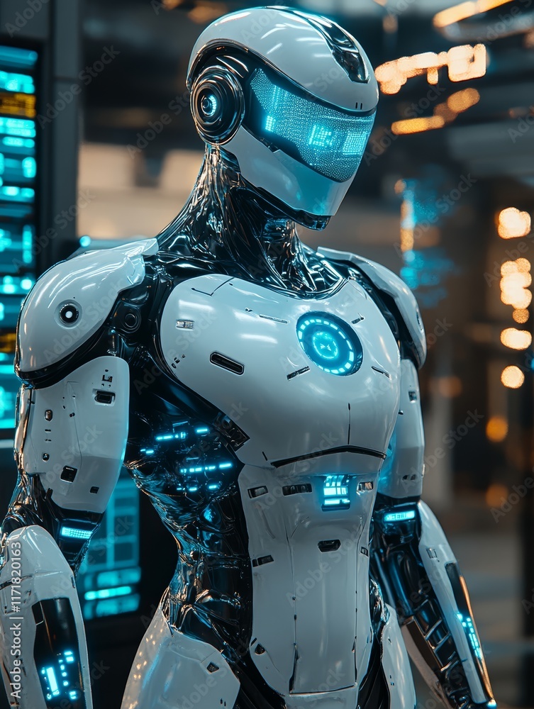 Fototapeta premium Futuristic AI Control Room with Cybernetic Silhouette and Holographic Interface 7