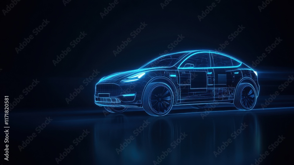 Fototapeta premium Futuristic Transparent Electric Car Design with Neon Glow Effect on a Dark Background