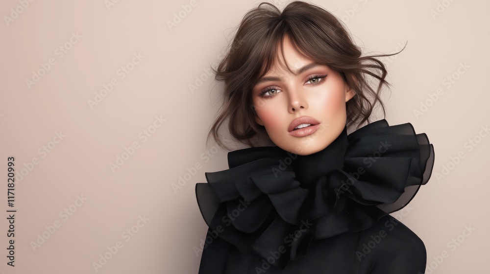 Elegant model showcasing bold black and purple style with striking makeup and fashion in artistic setting Elegant model showcasing bold black and purple style with striking makeup and fashion in artistic setting
