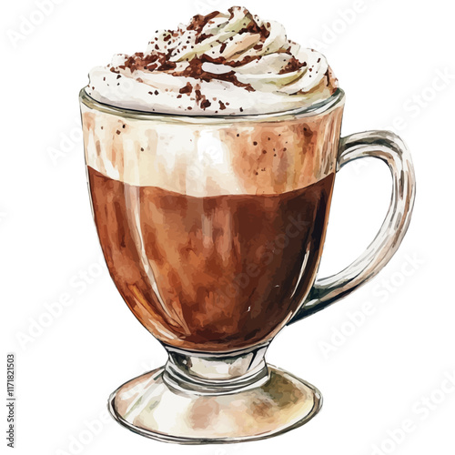 A watercolor vector painting of a decadent cup of mocha hot chocolate, isolated on a white background. Mocha Hot Chocolate vector.

