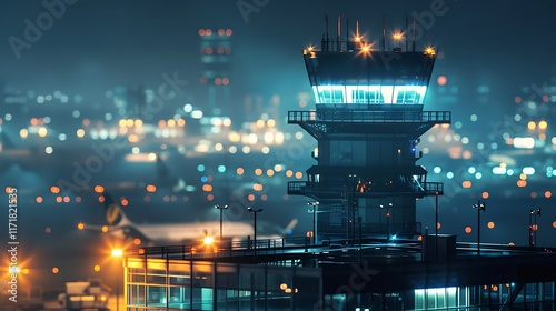 A high-tech control tower at an airport, illuminated by city lights