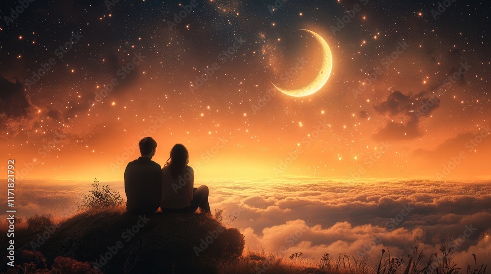 intimate moment of a couple under the night sky, dramatic clouds, and glowing horizon intimate moment of a couple under the night sky, dramatic clouds, and glowing horizon