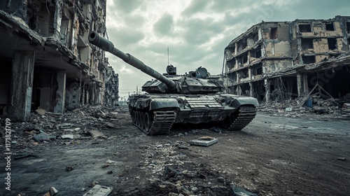 Tank in war-torn city street, amidst rubble and destroyed buildings.