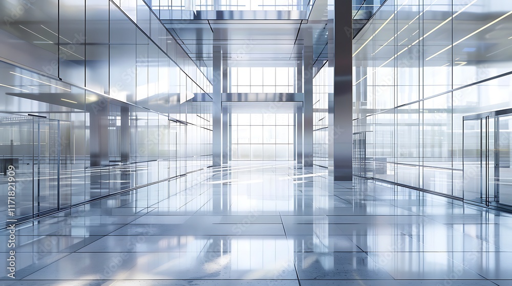 A high-tech science center with metallic surfaces, glass walls, and futuristic designs A high-tech science center with metallic surfaces, glass walls, and futuristic designs