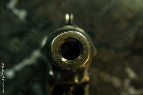 Gun barrel pointing directly at the viewer, creating a dramatic and intense perspective photo