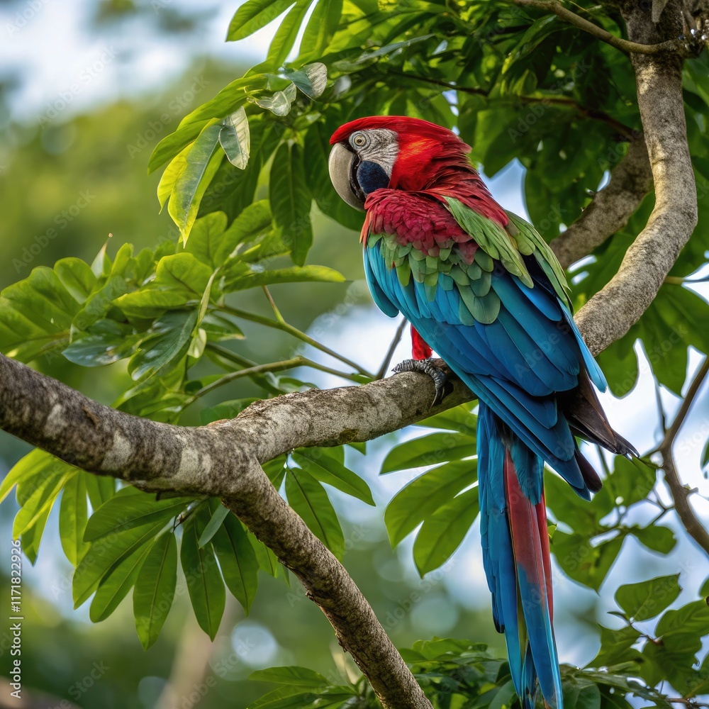 Bright Green and Red Ara Perched on a Branch. Generative AI Bright Green and Red Ara Perched on a Branch. Generative AI