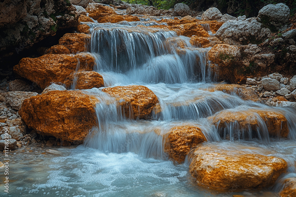 Fototapeta premium Cascading Water Flows Over Smooth Orange Rocks