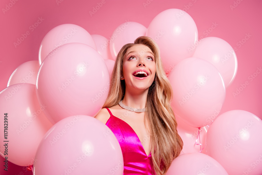 custom made wallpaper toronto digitalJoyful young woman surrounded by pink balloons in a stylish dress, expressing excitement and festivity