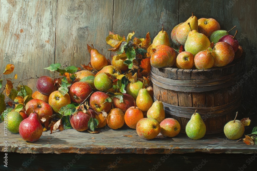 Harvested Apples and Pears: Fresh Fruits Gathered from Autumn Trees on a Wooden Farm Harvested Apples and Pears: Fresh Fruits Gathered from Autumn Trees on a Wooden Farm