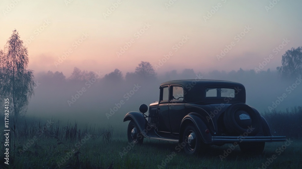 Classic car in misty sunrise field. Classic car in misty sunrise field.