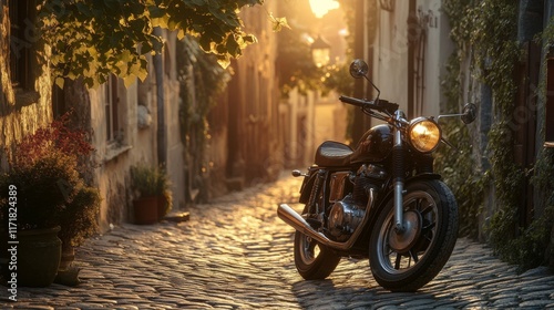 Classic motorcycle parked on a cobblestone street at sunset in a charming European town. photo