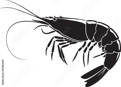 A clean silhouette vector of a shrimp in a graceful side view with highlighting its elongated body and curved tail, illustration of a lobster