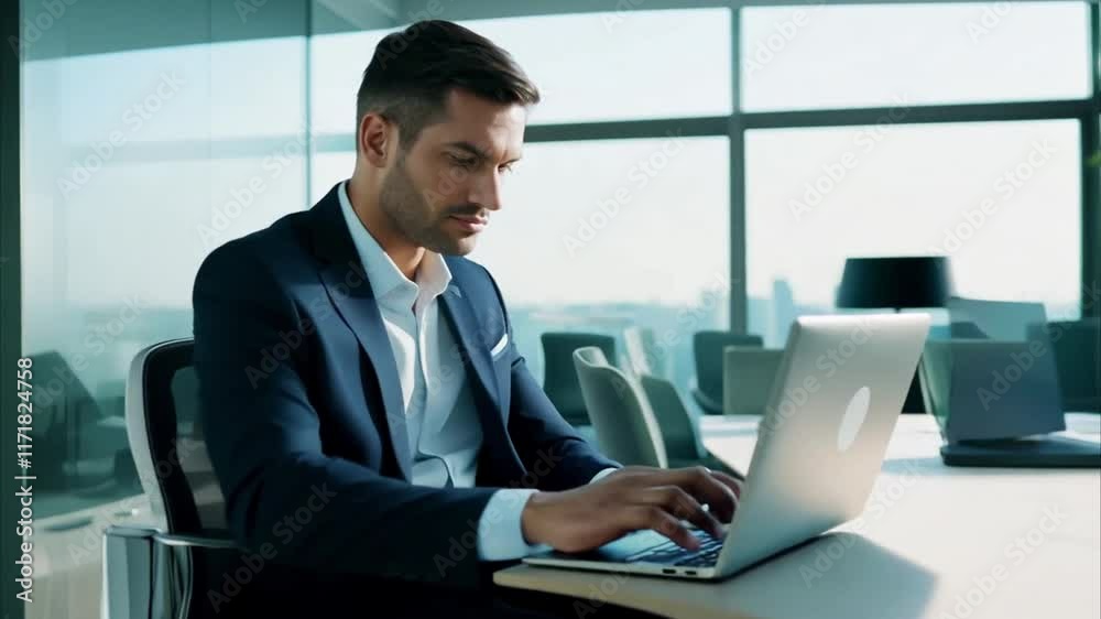 confident executive working on laptop in modern office with focused expression confident executive working on laptop in modern office with focused expression