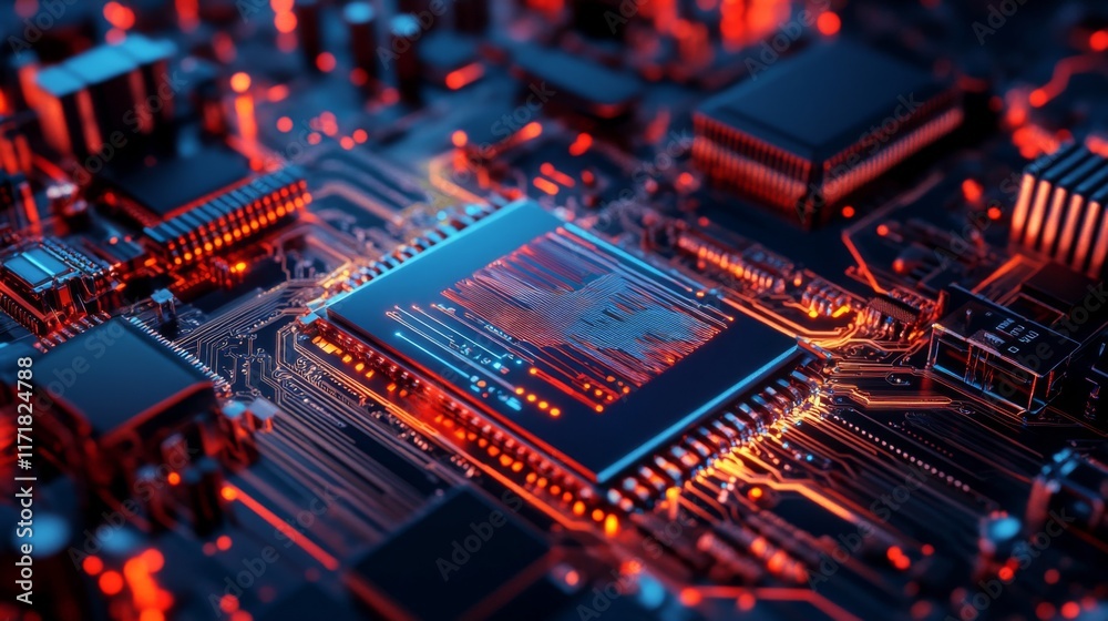 Close-up of a central processing unit (CPU) on a circuit board, glowing red and blue. Close-up of a central processing unit (CPU) on a circuit board, glowing red and blue.