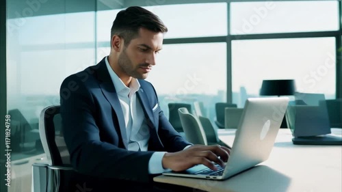confident executive working on laptop in modern office with focused expression