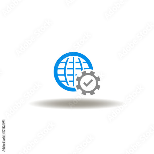 Vector illustration of earth globe and gear wheel with check mark. Symbol of global corporate work. Icon of outstaffing.