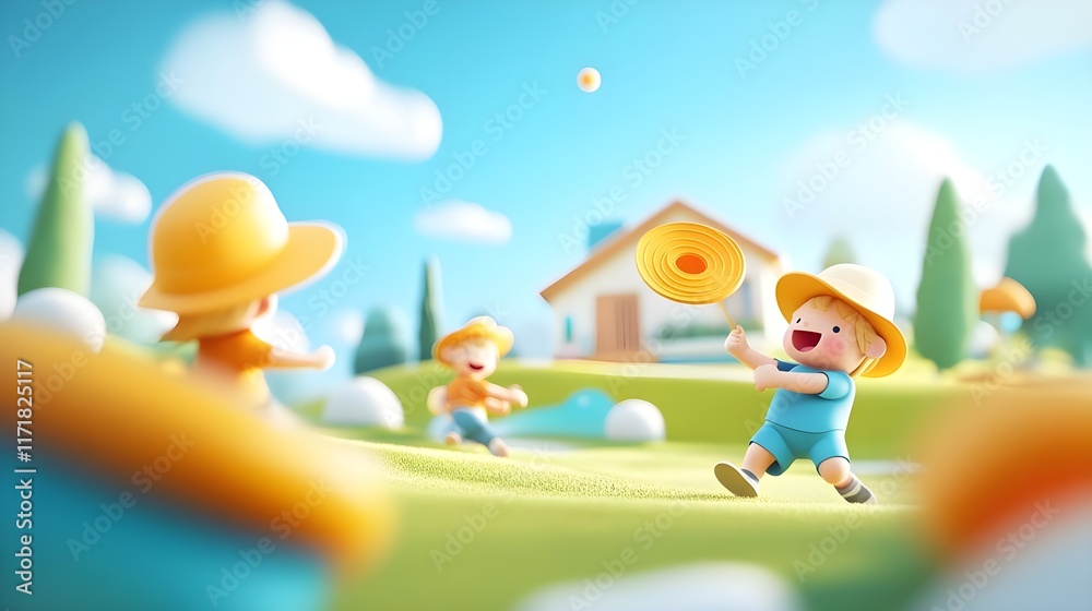 Obraz premium happy kids playing outdoors summer fun - 3d illustrations