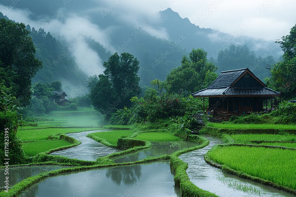Fototapeta premium Rain drenched rice paddies and houses nestled in misty mountains