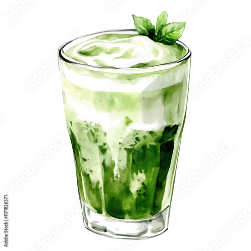 A watercolor vector painting of a creamy cup of matcha latte, isolated on a white background. Matcha Latte vector.


