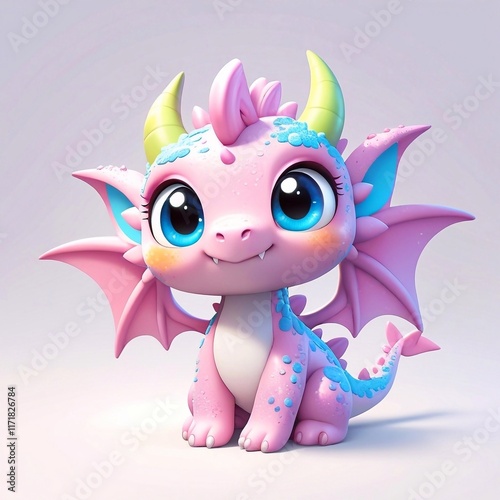 Three-dimensional cartoon character of a pink dragon child, with glitter on the skin, full length, on a white background