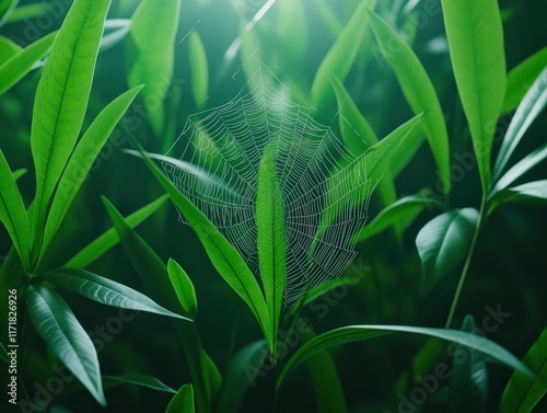 A delicate spider web glistens among vibrant green leaves, showcasing nature's intricate beauty and the interconnection of life in a lush environment.