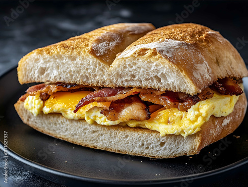 A sandwich with two pieces of French bread one piece has eggs and bacon inside the bun the other is plain with no meat or egg on it The sandwich sits on a black plate p photo