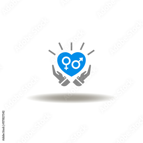 Vector illustration of palm care hands and heart with gender male female symbols. Icon of HRT Hormone Replacement Therapy. Pictogram of love and sex.