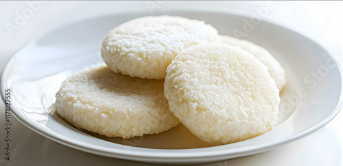 Rice cakes with milk round shape on the plate food closeup food photography bright and soft lighting macro lens high resolution The photo is presented in front view with