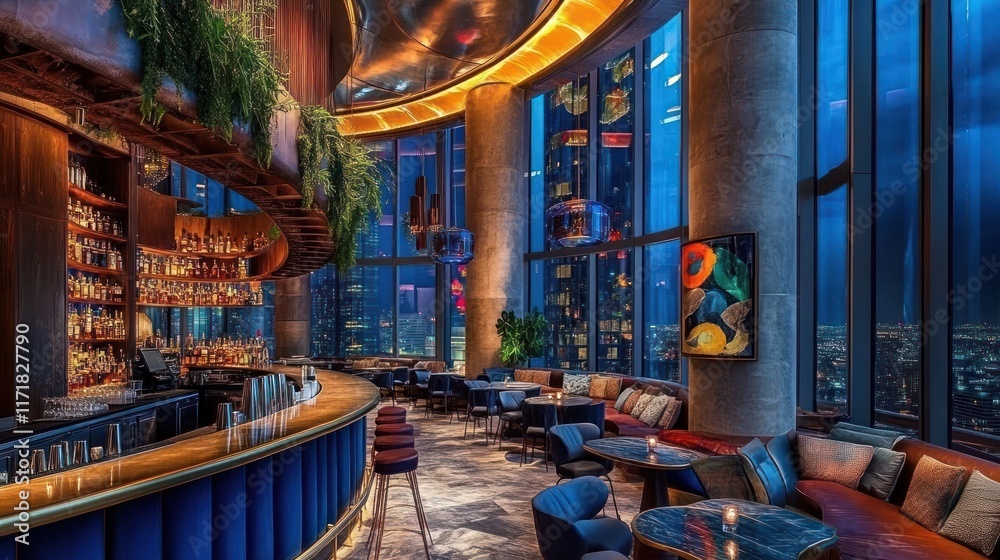 Naklejka premium Rooftop bar, city view, night, luxury, drinks, interior, design, social, ambiance, relaxation