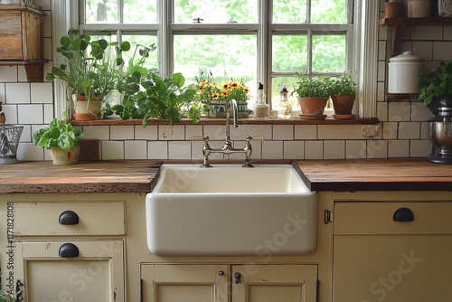 Farmhouse kitchen sink with rustic wooden countertop and plants