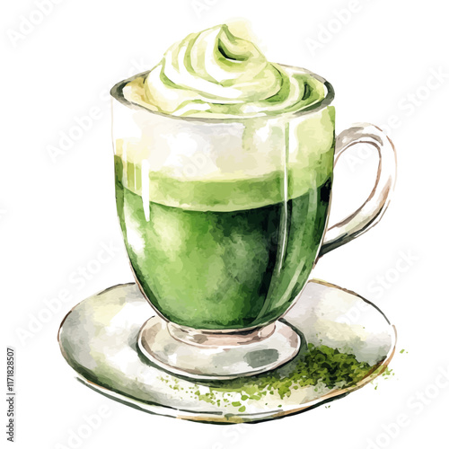 A watercolor vector painting of a creamy cup of matcha latte, isolated on a white background. Matcha Latte vector.

