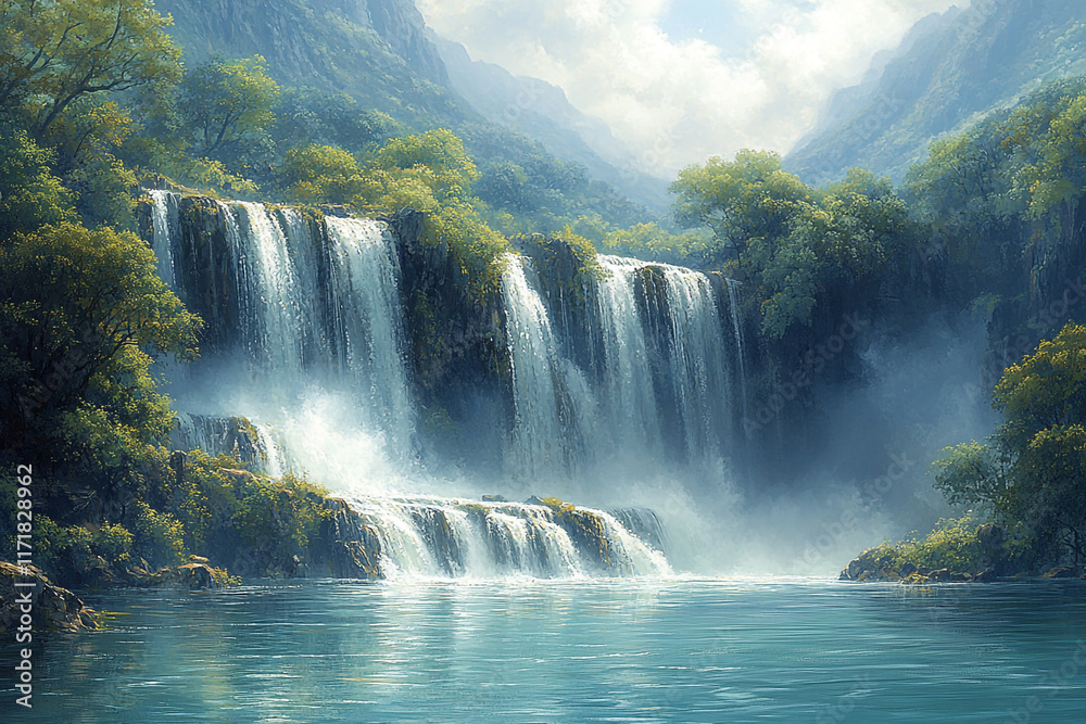 Fototapeta premium Serene Waterfall Cascading Through Lush Mountain Valley