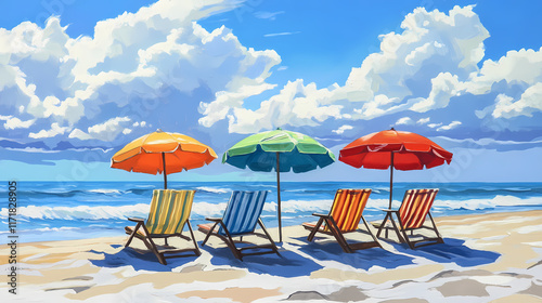 Four colorful umbrellas shade lounge chairs on a sunny beach with blue skies and white clouds. Sunchaser. Illustration