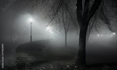 A foggy park scene illuminated by street lamps, creating a mysterious and serene atmosphere.