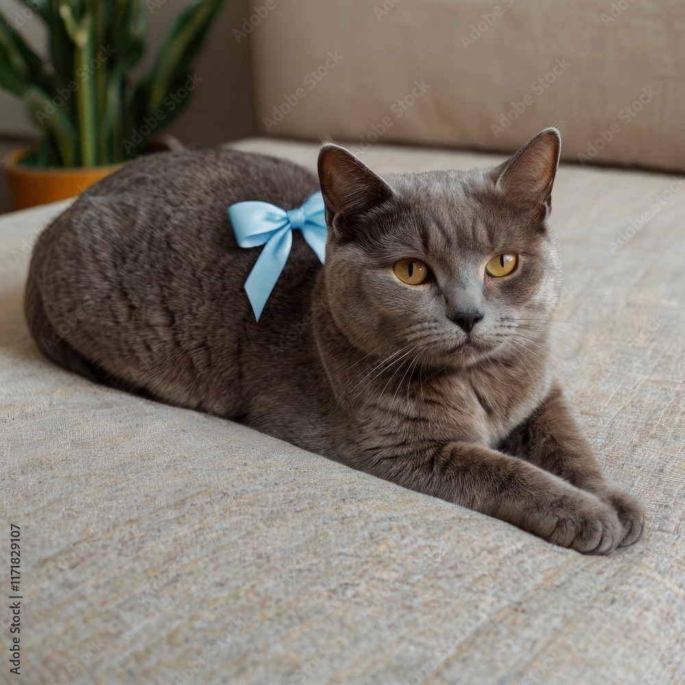 Obraz premium cute british cat with a bow at home