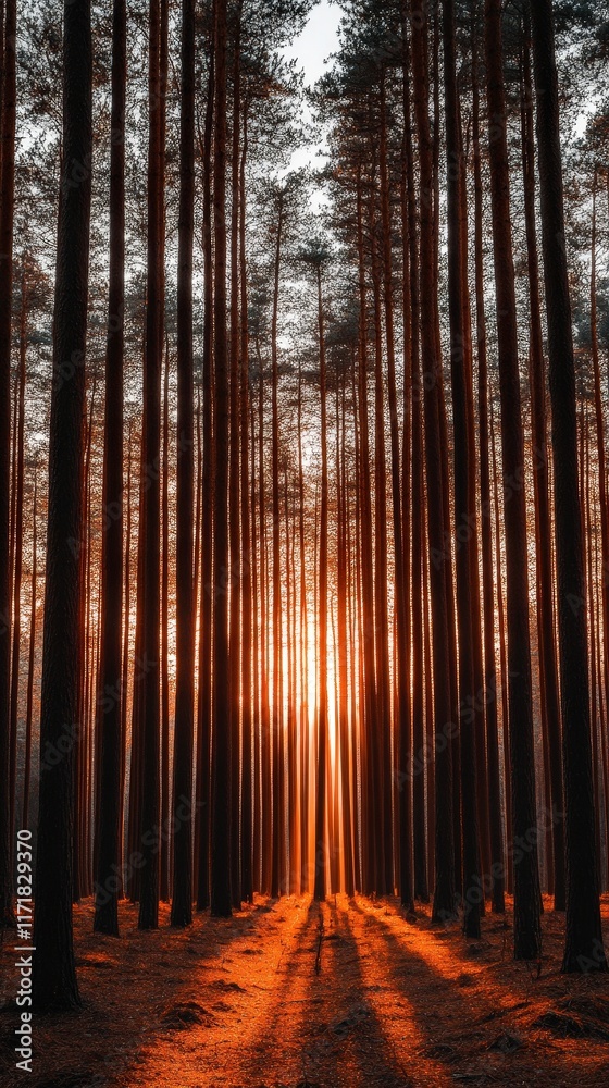 Fototapeta premium A serene forest scene at sunset, with tall trees casting long shadows and golden light filtering through the branches, creating a tranquil and contemplative atmosphere.