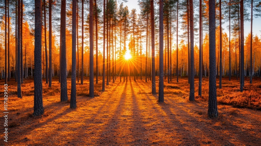 Obraz premium A serene forest scene at sunset, with tall trees casting long shadows on the ground, creating a warm and tranquil atmosphere.