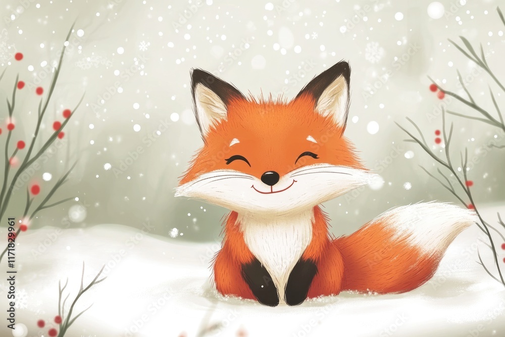Obraz premium Adorable Winter Fox: A Joyful Red Fox in a Snowy Christmas Scene