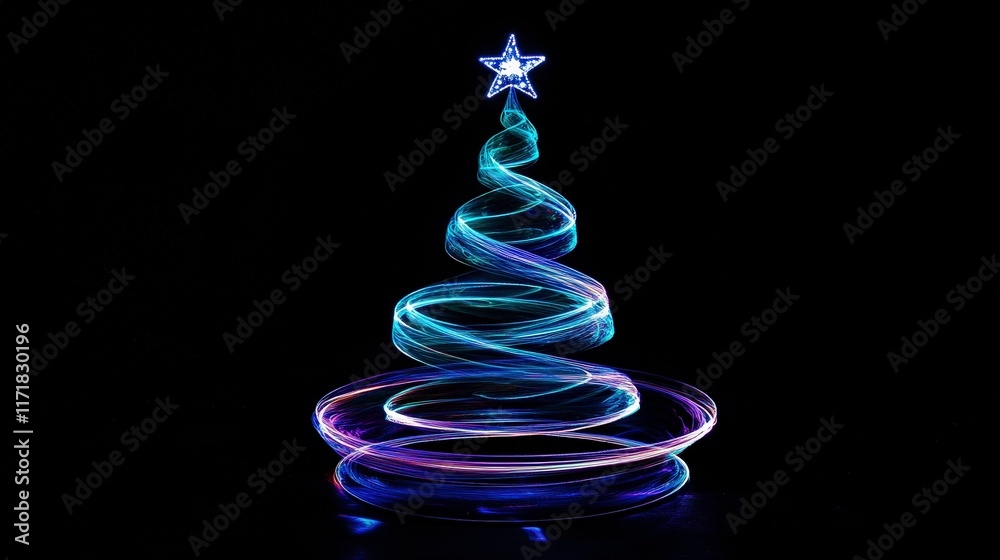 A stylized Christmas tree made of swirling light, topped with a star, creating a festive and modern visual representation of holiday spirit. A stylized Christmas tree made of swirling light, topped with a star, creating a festive and modern visual representation of holiday spirit.