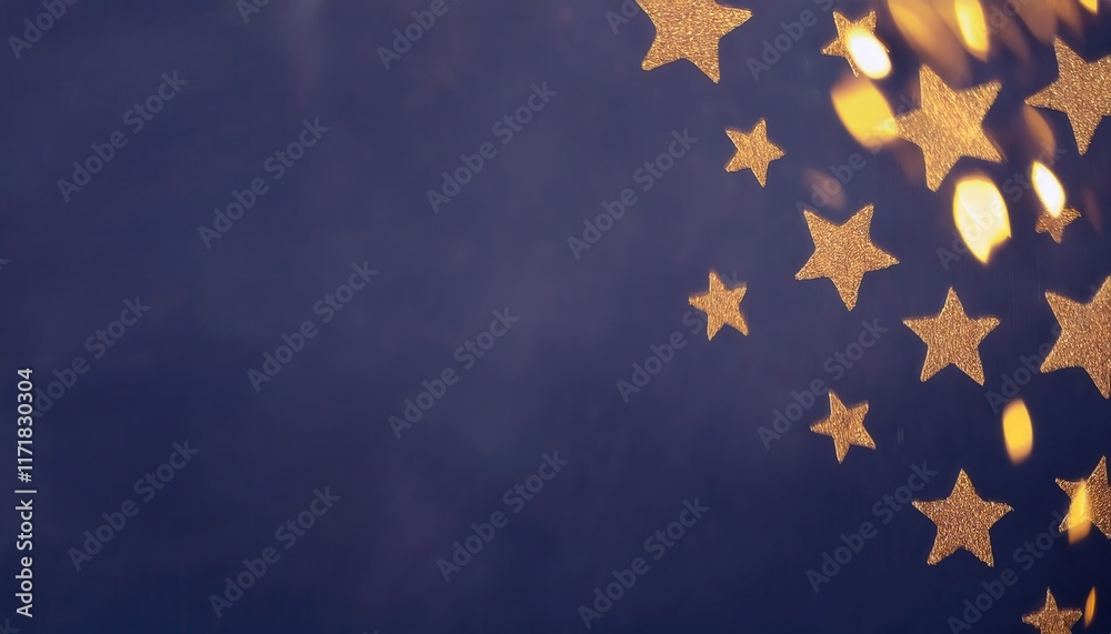 Magical golden star bokeh lights floating on a dreamy navy blue background for festive celebrations, decoration, or artistic design