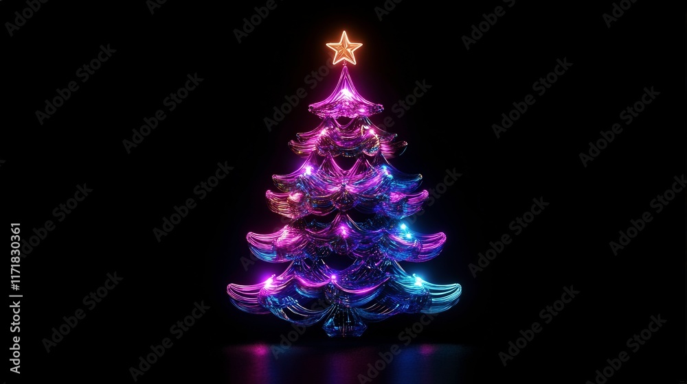 Obraz premium A beautifully illuminated, stylized Christmas tree with a star on top, glowing in purple and blue hues against a dark background, symbolizing holiday spirit and celebration.
