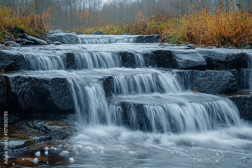 Cascading Water Flows Over Dark Stone Steps