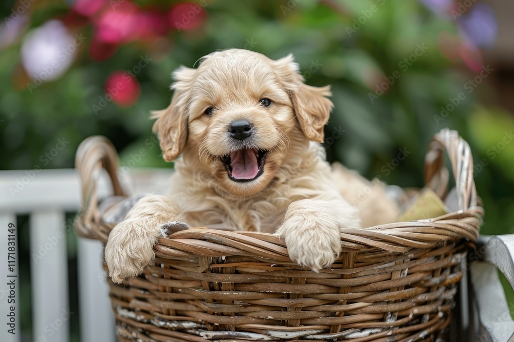 Golden retriever puppy smiling and sitting in a wicker basket outdoors in a garden Golden retriever puppy smiling and sitting in a wicker basket outdoors in a garden